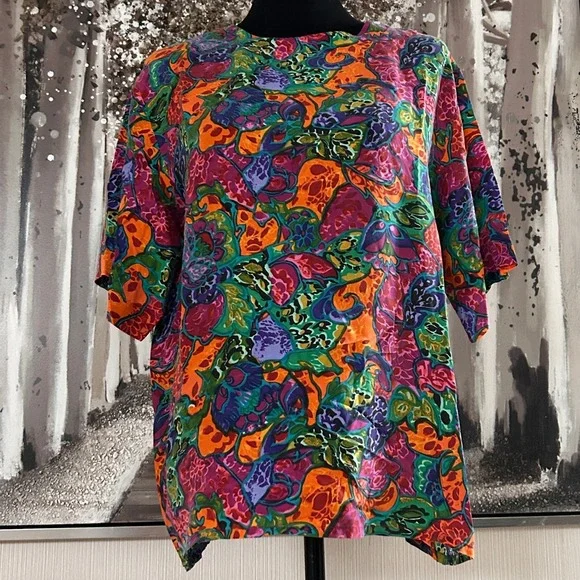 Marguerite LI Womens Multicolor 100% Silk Short Sleeve Crew Neck Blouse - Large - Picture 3 of 7
